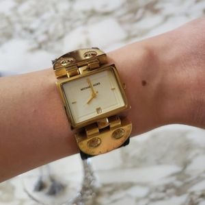 Michael Kors authentic black leather watch women gold hardware square watch
